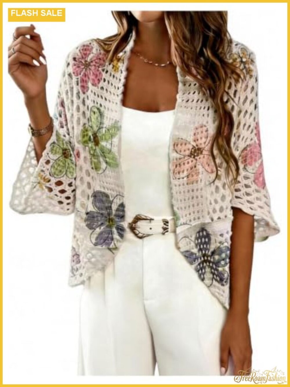 Y2K Floral Crochet Cardigan Lightweight Half Sleeve Open Front Knit